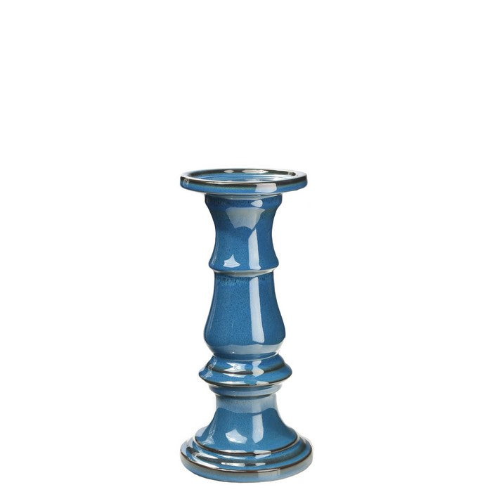 Ceramic Pillar Candle Holder with Pedestal Design, Set of 2, Small,  Blue