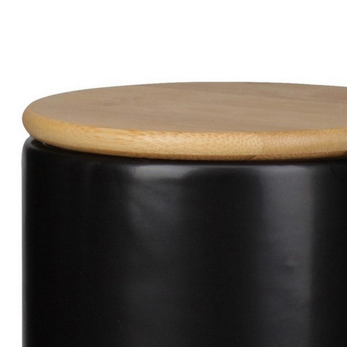 Dual Tone Round Ceramic Canister with Wooden Lid, Set of 2, Black and Brown