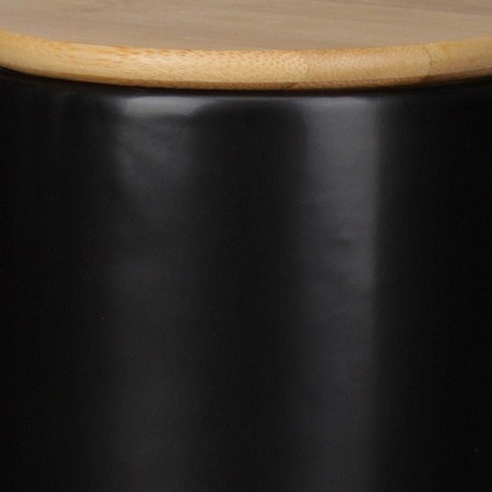 Dual Tone Round Ceramic Canister with Wooden Lid, Set of 2, Black and Brown