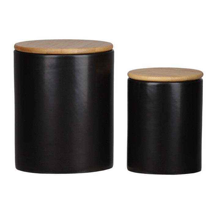 Dual Tone Round Ceramic Canister with Wooden Lid, Set of 2, Black and Brown