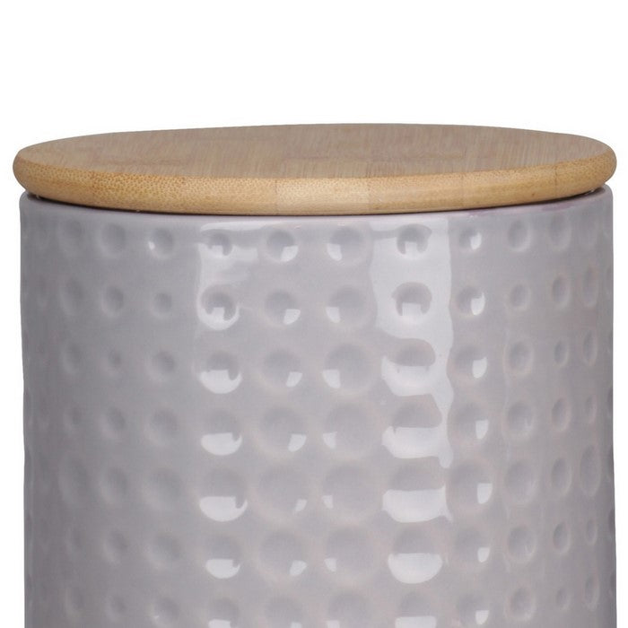 Round Canister with Wooden Lid and Engraved Dots, Set of 2, Gray and Brown
