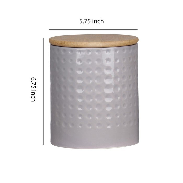 Round Canister with Wooden Lid and Engraved Dots, Set of 2, Gray and Brown
