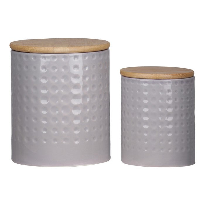 Round Canister with Wooden Lid and Engraved Dots, Set of 2, Gray and Brown