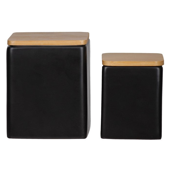 Dual Tone Square Ceramic Canister with Wooden Lid, Set of 2,Black and Brown