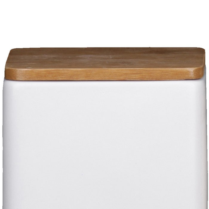 Dual Tone Square Ceramic Canister with Wooden Lid, Set of 2,White and Brown