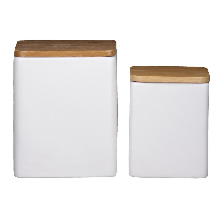 Dual Tone Square Ceramic Canister with Wooden Lid, Set of 2,White and Brown