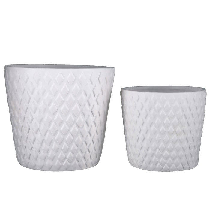 Ceramic Round Pot with Diamond Pattern and Tapered Bottom, Set of 2, White