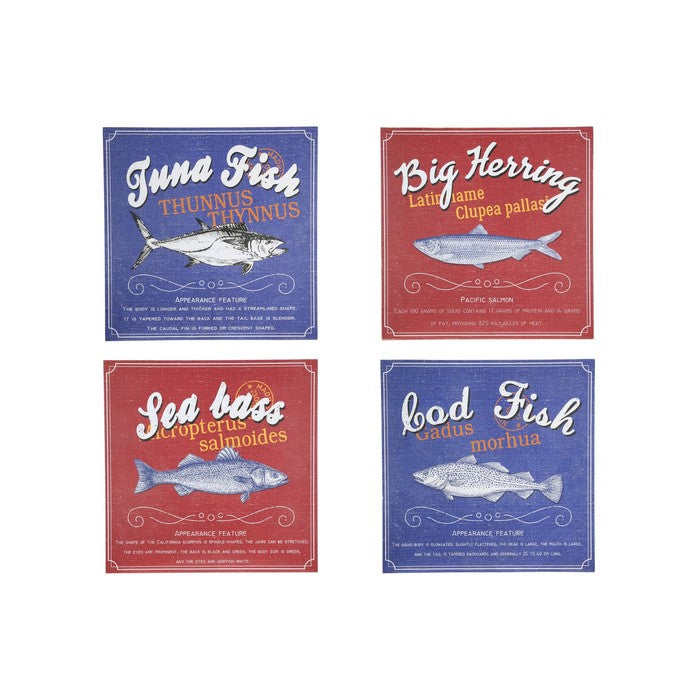 Square Wooden Wall Art with Different Fishes, Assortment of 4, Blue and Red