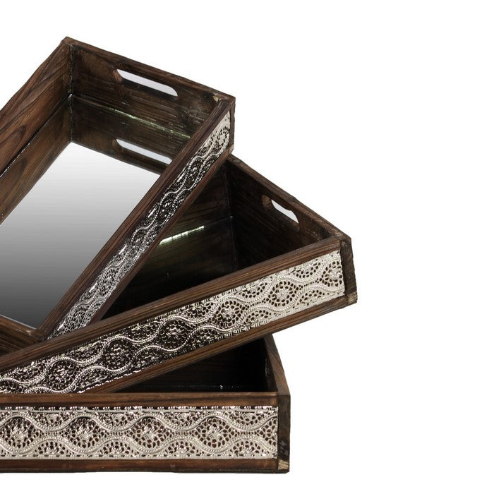 Wooden Nesting Tray with Mirror Surface and Metal Sides, Set of 3, Brown