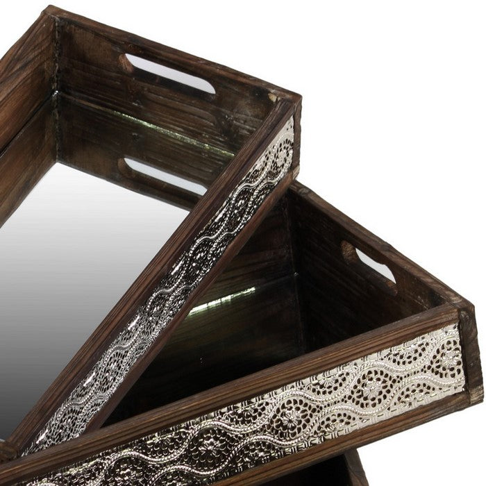 Wooden Nesting Tray with Mirror Surface and Metal Sides, Set of 3, Brown