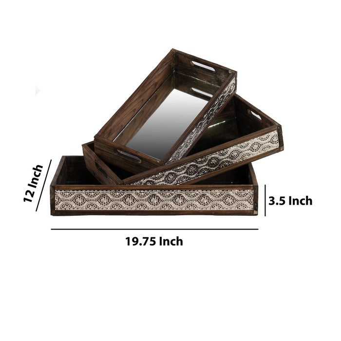 Wooden Nesting Tray with Mirror Surface and Metal Sides, Set of 3, Brown