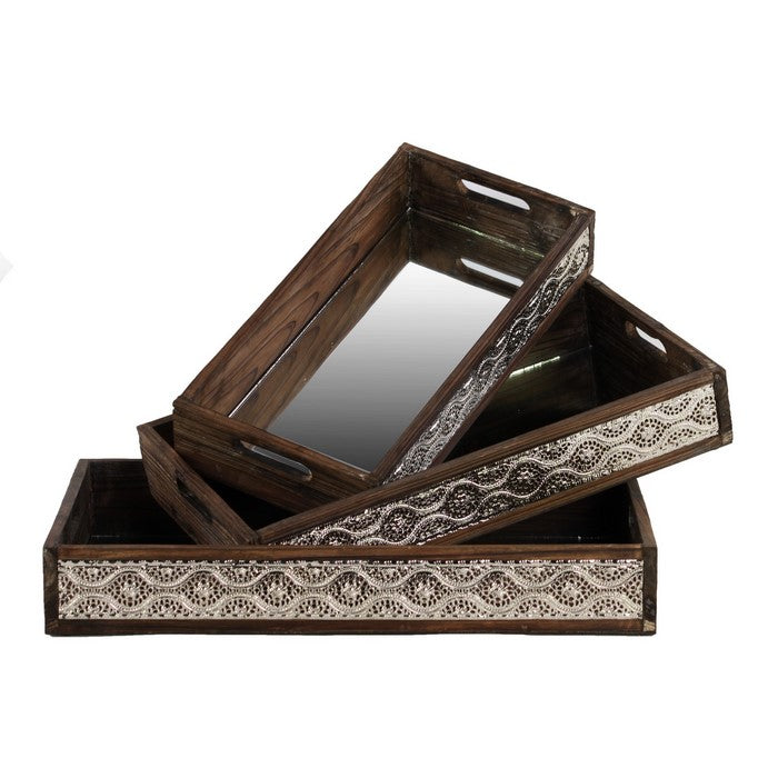 Wooden Nesting Tray with Mirror Surface and Metal Sides, Set of 3, Brown