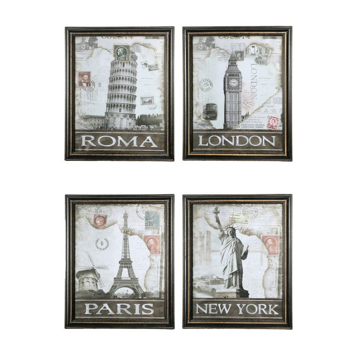 Rectangular Wooden Wall Art with Different Cities, Assortment of 4, White