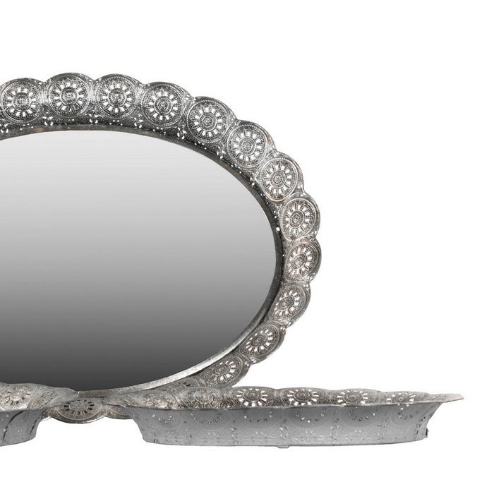 Oval Shape Metal Tray with Pierced Sides and Mirror Surface,Set of 3,Silver
