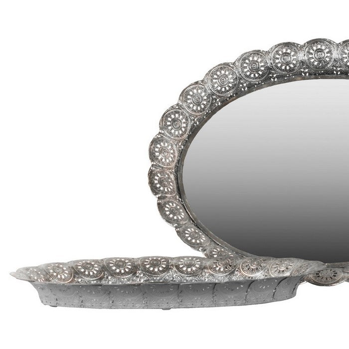 Oval Shape Metal Tray with Pierced Sides and Mirror Surface,Set of 3,Silver