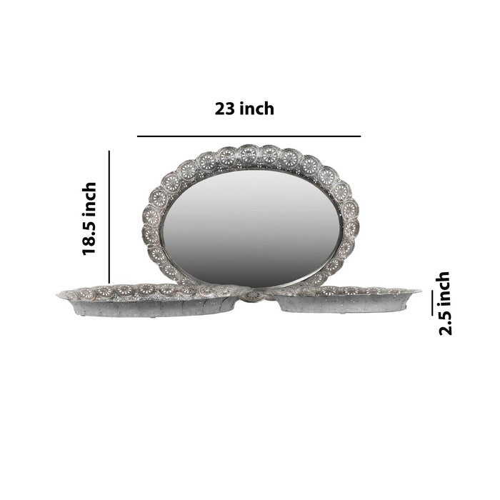 Oval Shape Metal Tray with Pierced Sides and Mirror Surface,Set of 3,Silver