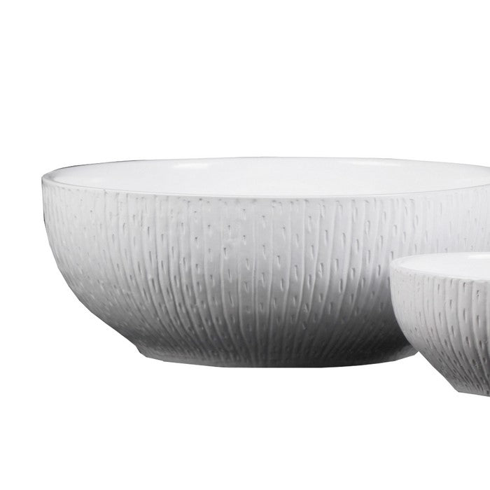 Round Ceramic Pot with Vertical Engraved Body, Set of 3, White