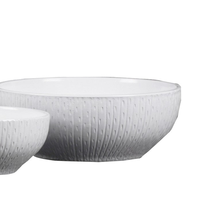 Round Ceramic Pot with Vertical Engraved Body, Set of 3, White