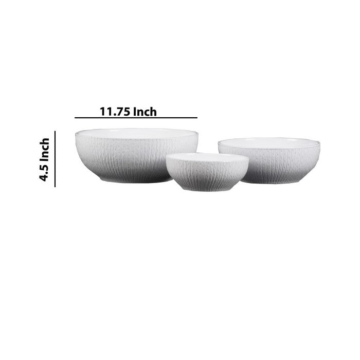 Round Ceramic Pot with Vertical Engraved Body, Set of 3, White