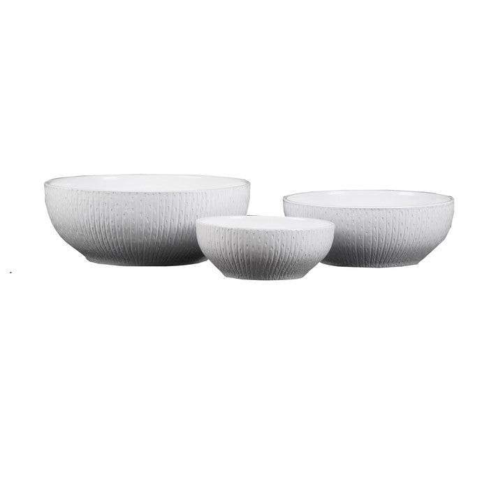 Round Ceramic Pot with Vertical Engraved Body, Set of 3, White