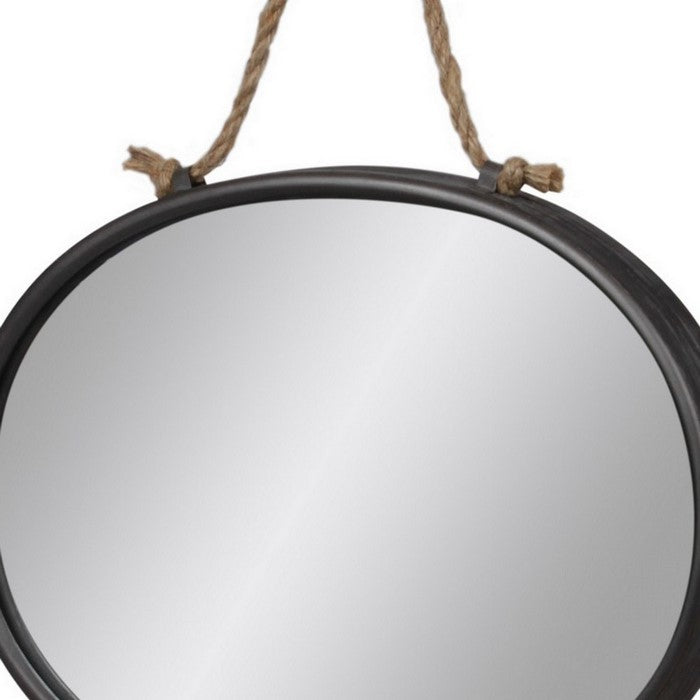 Oval Wall Mirror with Rope Handle and Metal Frame,Set of 2,Black and Silver