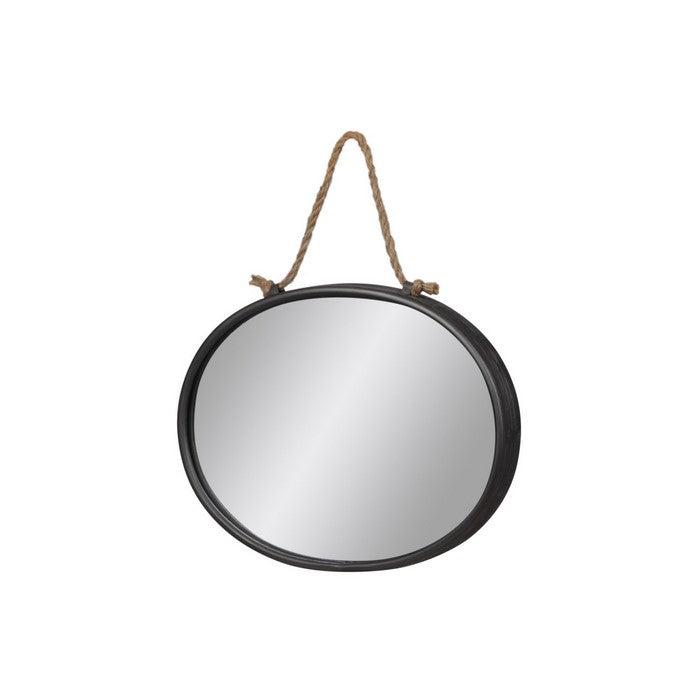 Oval Wall Mirror with Rope Handle and Metal Frame,Set of 2,Black and Silver