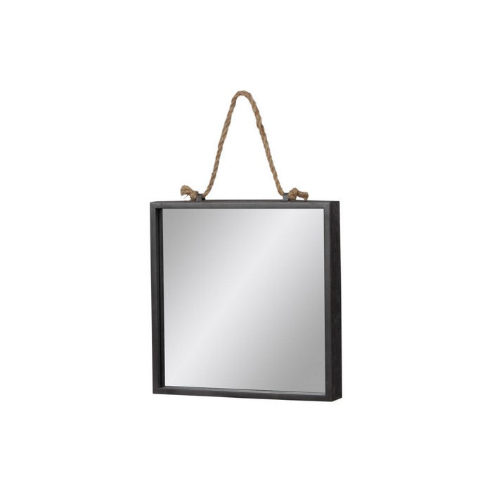 Metal Frame Square Wall Mirror with Rope Handle, Set of 2, Black and Silver