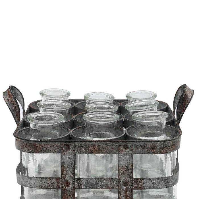 Metal Bud Vase Holder with 9 Clear Glass Bottles and Handles, Set of 2,Gray