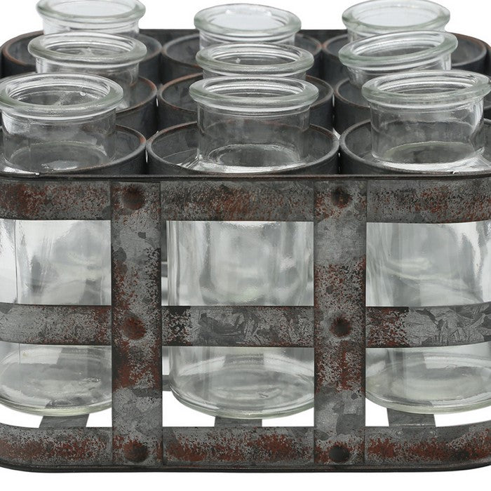Metal Bud Vase Holder with 9 Clear Glass Bottles and Handles, Set of 2,Gray