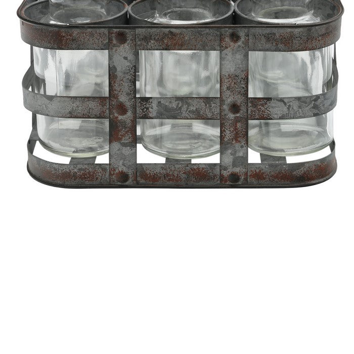 Metal Bud Vase Holder with 9 Clear Glass Bottles and Handles, Set of 2,Gray