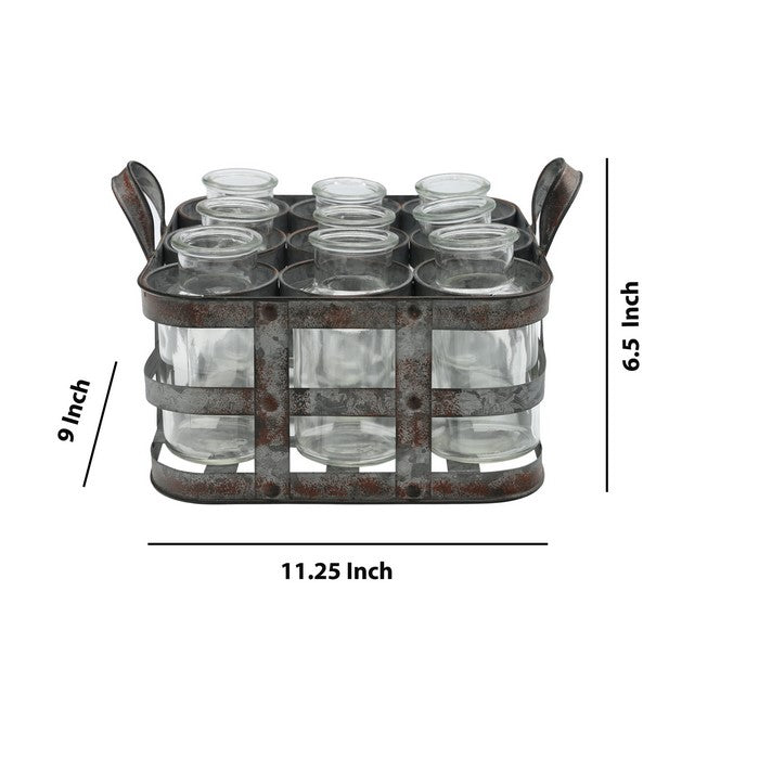 Metal Bud Vase Holder with 9 Clear Glass Bottles and Handles, Set of 2,Gray