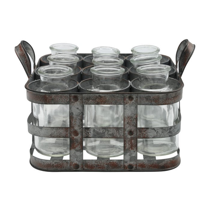 Metal Bud Vase Holder with 9 Clear Glass Bottles and Handles, Set of 2,Gray