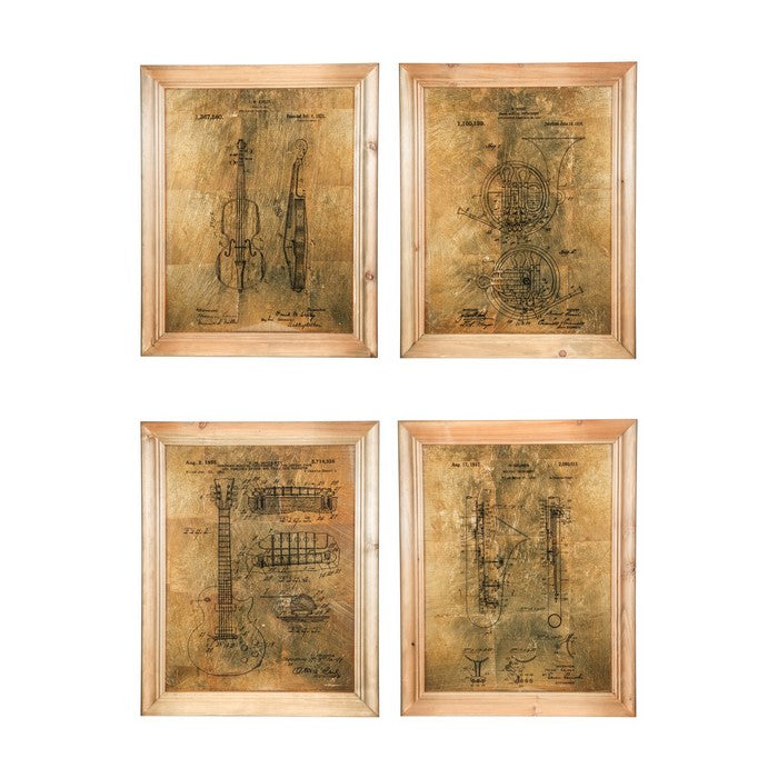Rectangular Wooden Wall Art with Musical Instruments, Assortment of 4,Brown