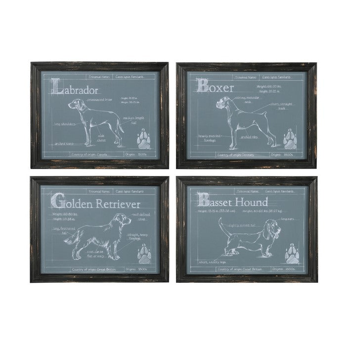 Rectangular Wooden Wall Art with Different Dog Breeds,Assortment of 4, Gray