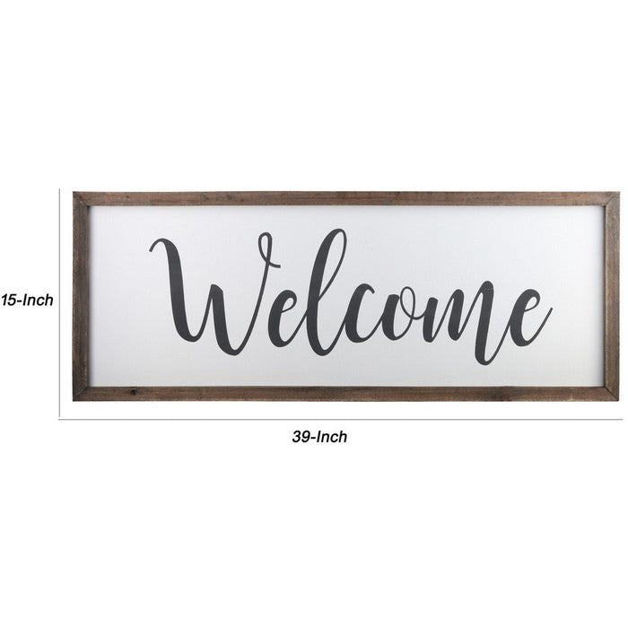 Wooden Wall Art with Cursive Welcome Typography, Set of 2, Brown and White