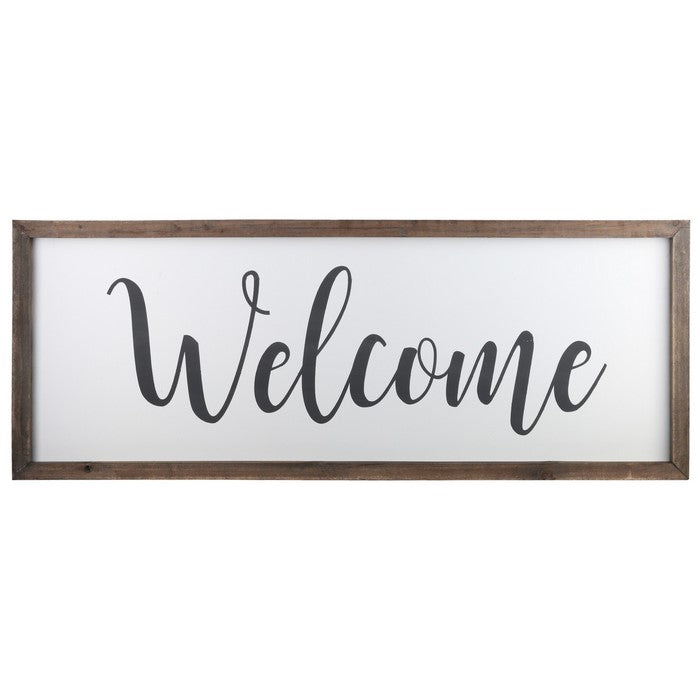Wooden Wall Art with Cursive Welcome Typography, Set of 2, Brown and White