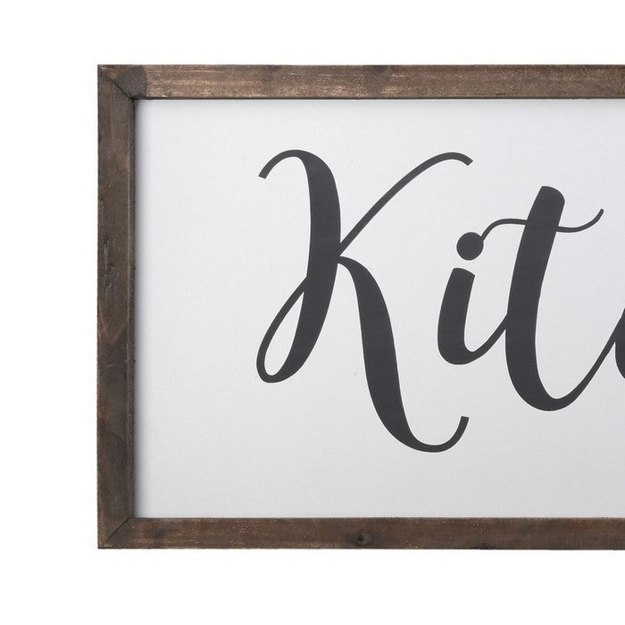 Wooden Wall Art with Cursive Kitchen Typography, Set of 2, Brown and White