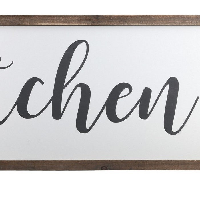 Wooden Wall Art with Cursive Kitchen Typography, Set of 2, Brown and White