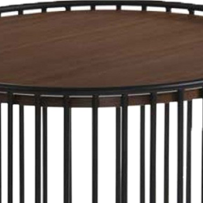Circular Cage Shaped Metal Frame End Table with Wood Top, Brown and Black - BM219230