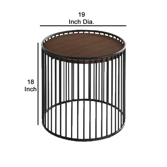 Circular Cage Shaped Metal Frame End Table with Wood Top, Brown and Black - BM219230