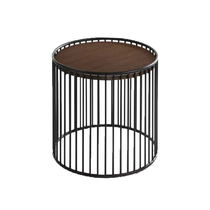 Circular Cage Shaped Metal Frame End Table with Wood Top, Brown and Black - BM219230