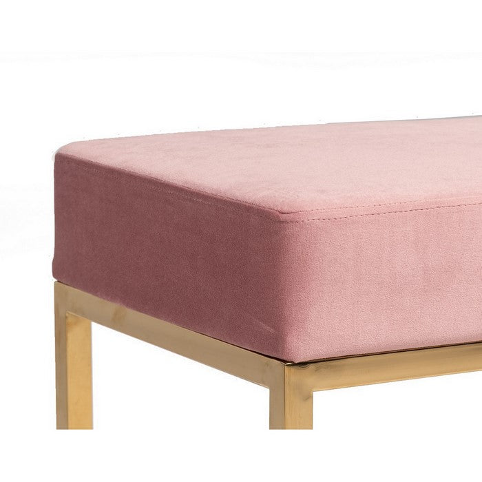 Velvet Upholstered Ottoman with Metal Tubular Base, Pink and Gold - BM219252