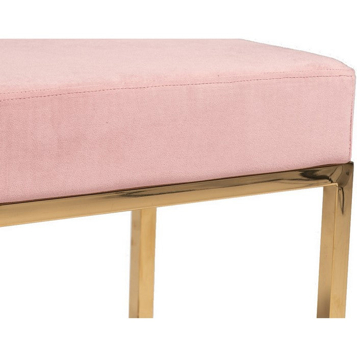 Velvet Upholstered Ottoman with Metal Tubular Base, Pink and Gold - BM219252