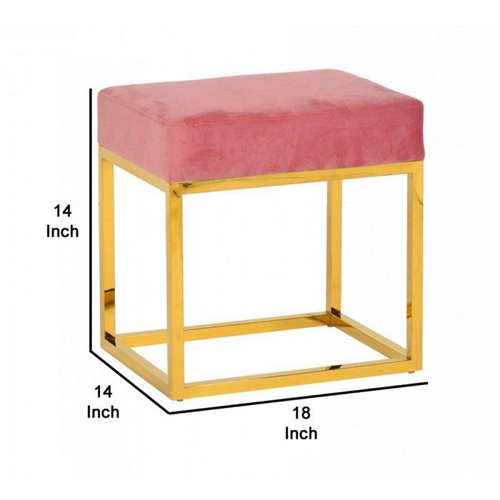 Velvet Upholstered Ottoman with Metal Tubular Base, Pink and Gold - BM219252