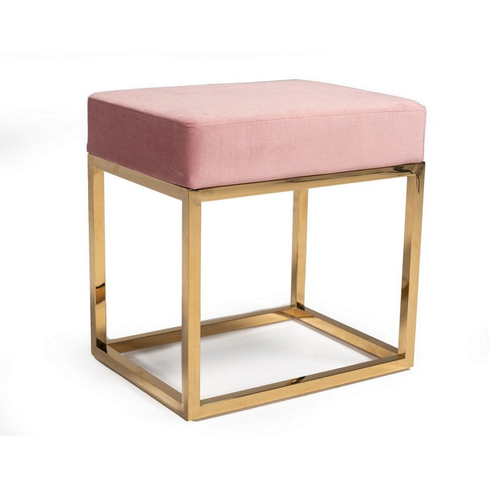 Velvet Upholstered Ottoman with Metal Tubular Base, Pink and Gold - BM219252