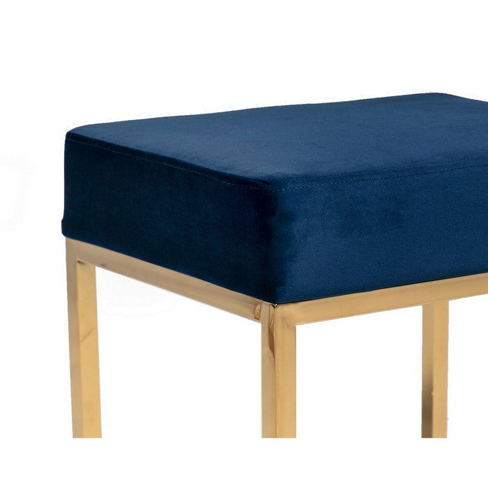 Velvet Upholstered Ottoman with Metal Tubular Base, Blue and Gold - BM219254