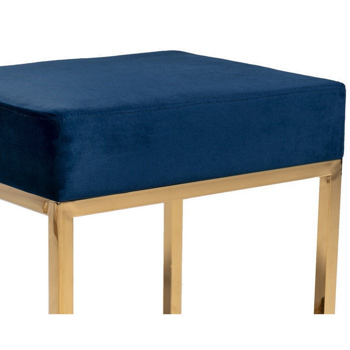 Velvet Upholstered Ottoman with Metal Tubular Base, Blue and Gold - BM219254