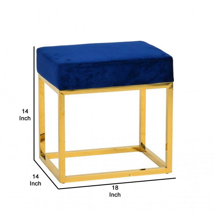 Velvet Upholstered Ottoman with Metal Tubular Base, Blue and Gold - BM219254