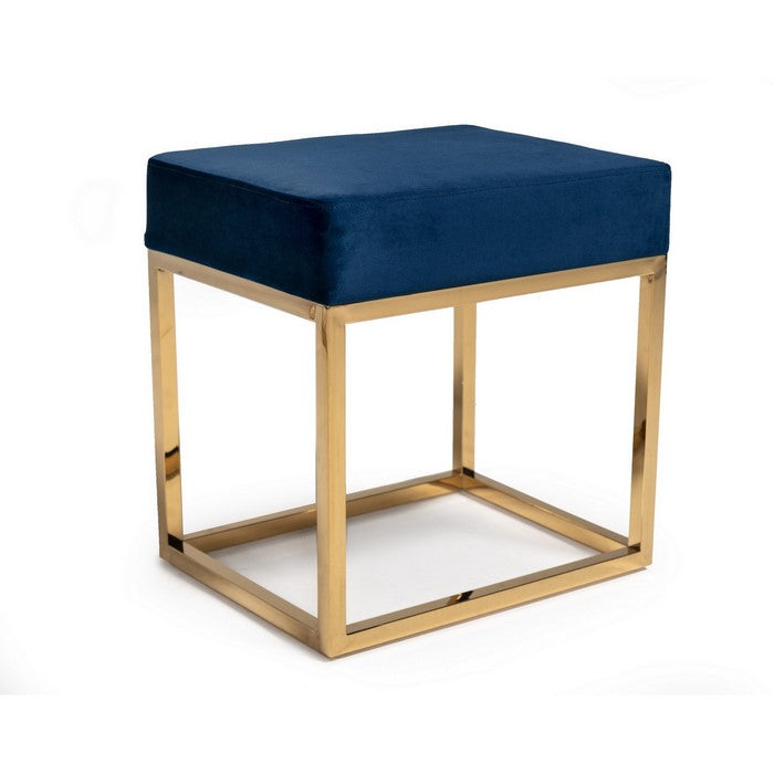 Velvet Upholstered Ottoman with Metal Tubular Base, Blue and Gold - BM219254