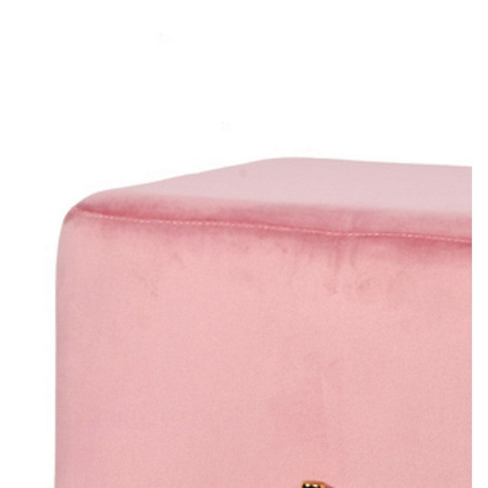 Velvet Upholstered Ottoman with Metal Base and Box Seat, Pink and Gold - BM219255